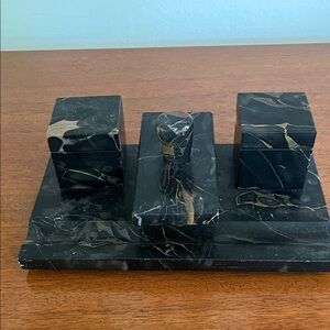 Antique marble ink, well, blotter, and pen holder